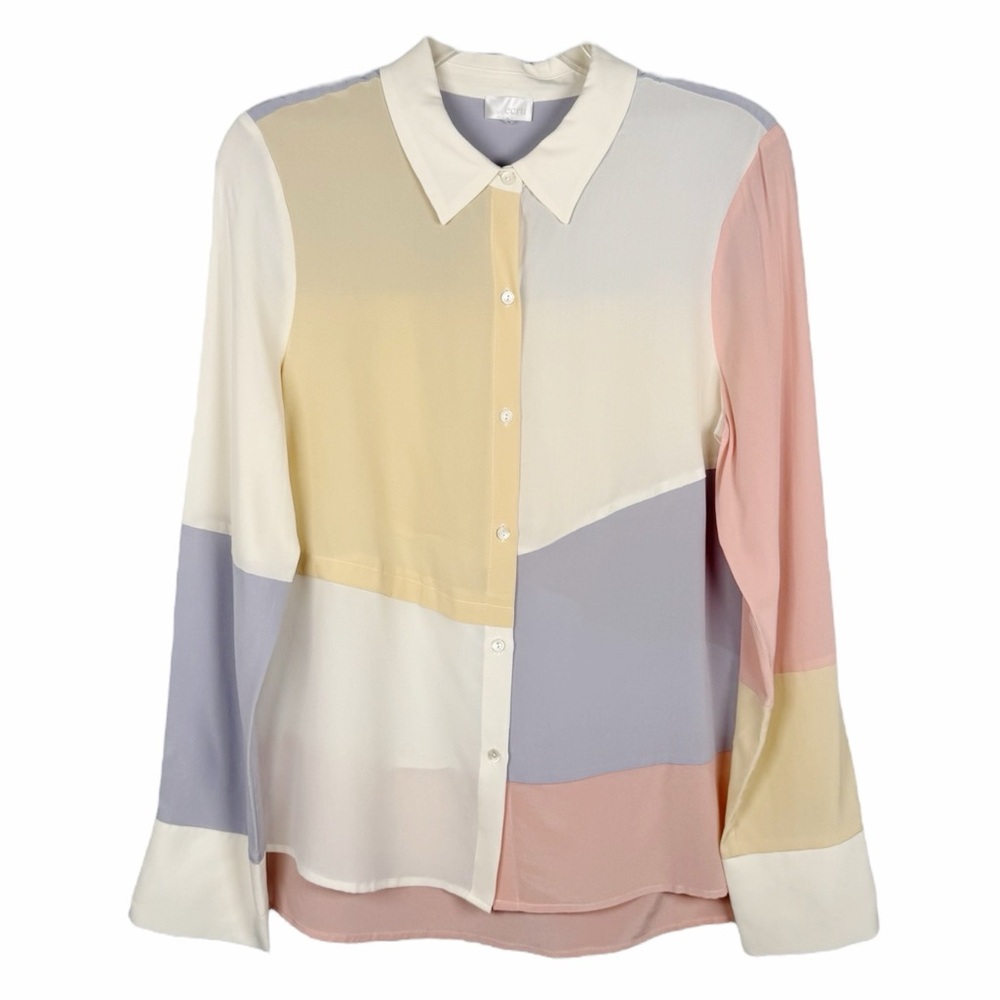 Ecru | Pastel Color Block 100% Silk Button Down Top Size Medium